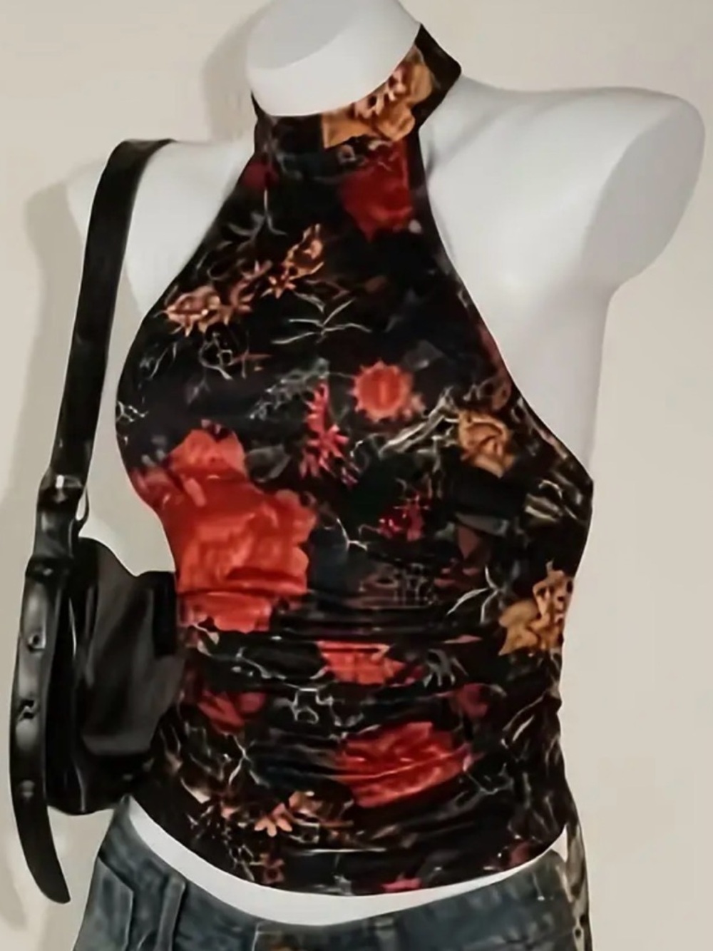 Women's Black Halter Tank Top with Red Floral Print - Picture 3 of 6